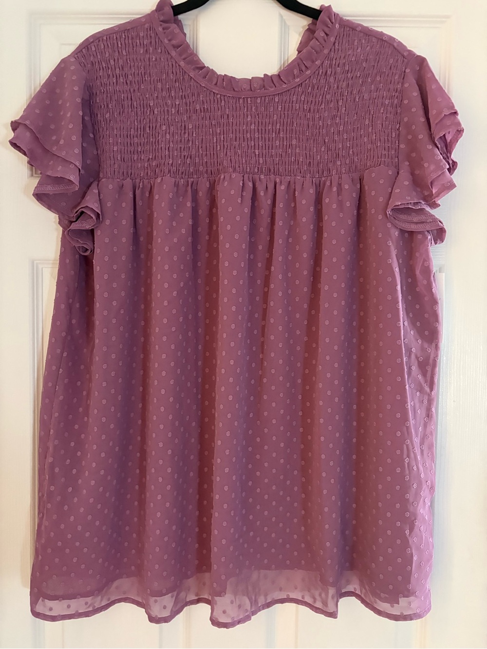 Women’s 2 XL Smocked Ruffle Sleeve Top - Purple NO STRETCH